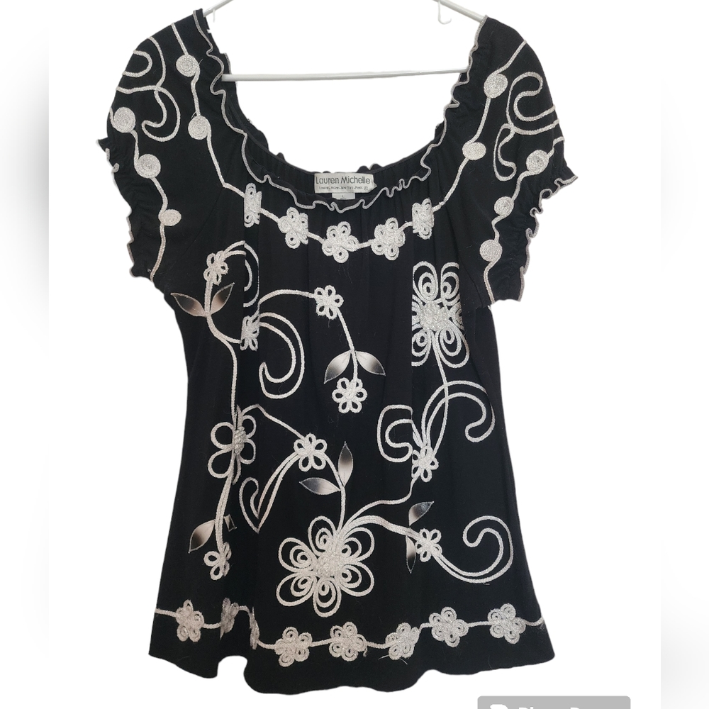 Lauren Michelle Short Sleeve 3D Floral Textured Top Black White SZ Large